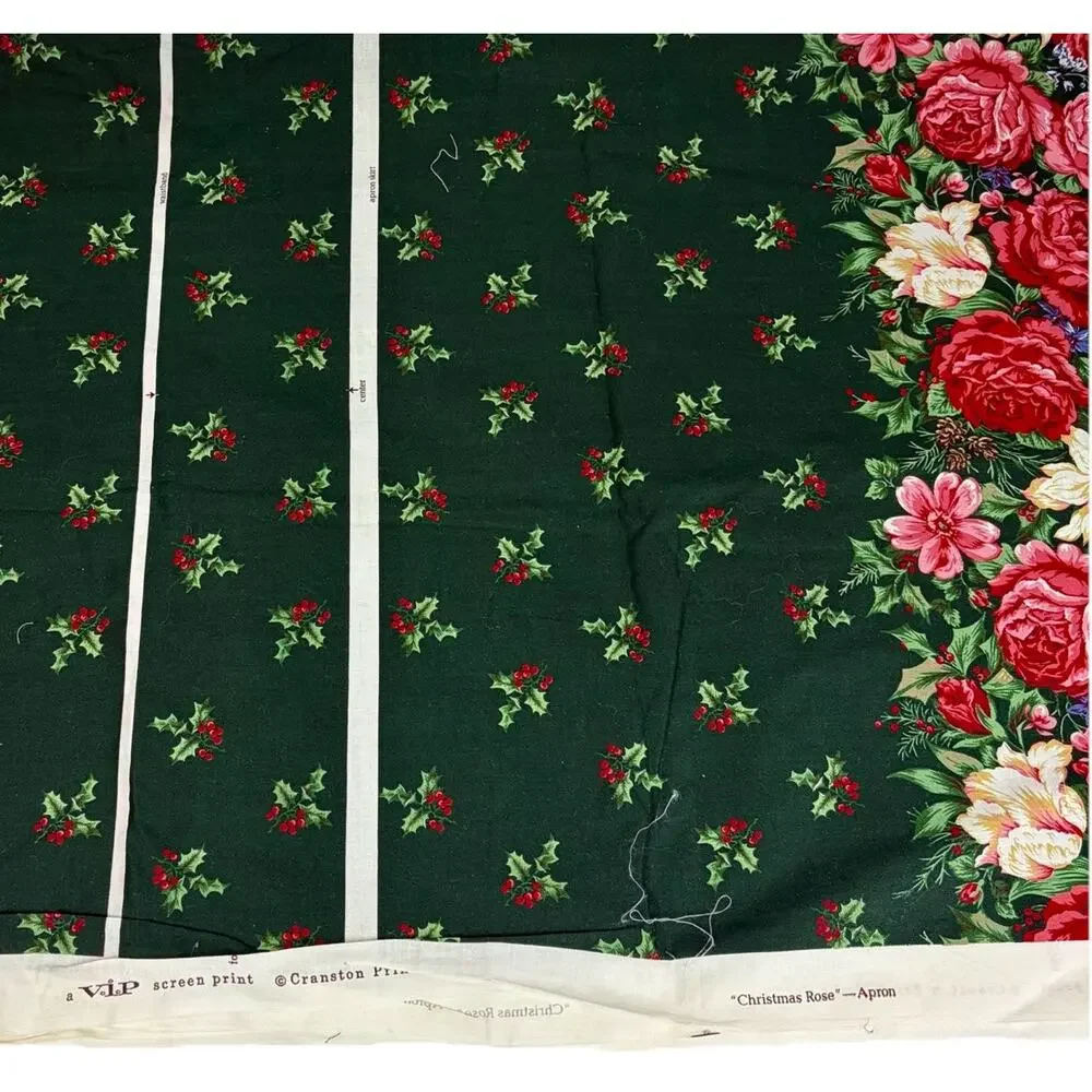Vtg VIP Christmas Rose Apron Cut & Sew Fabric Panel Floral Holly Holiday Green